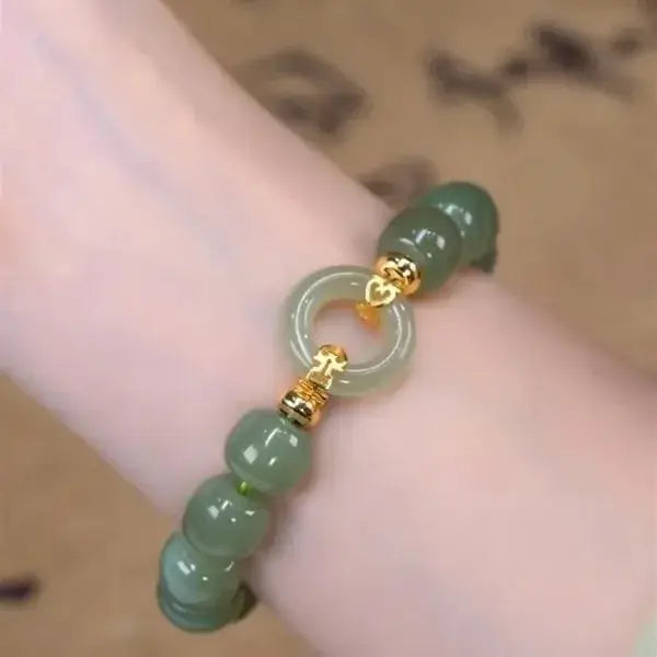 Green Hetian Jade Bracelet For Women Vintage Gold Color Leaves