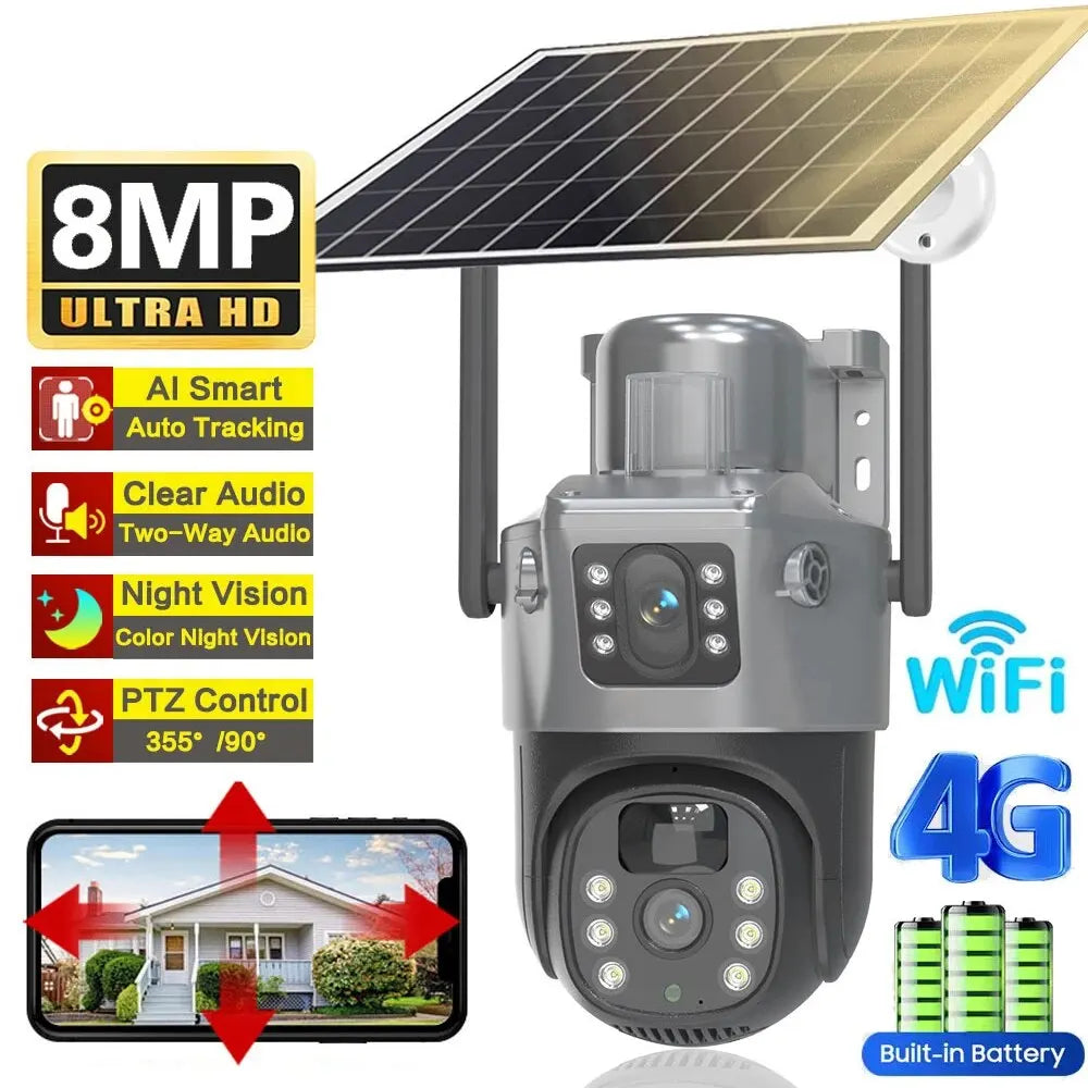 PIR Solar Camera 4G Sim Outdoor Dual Lens WiFi 8MP 4K IP Camara Solar
