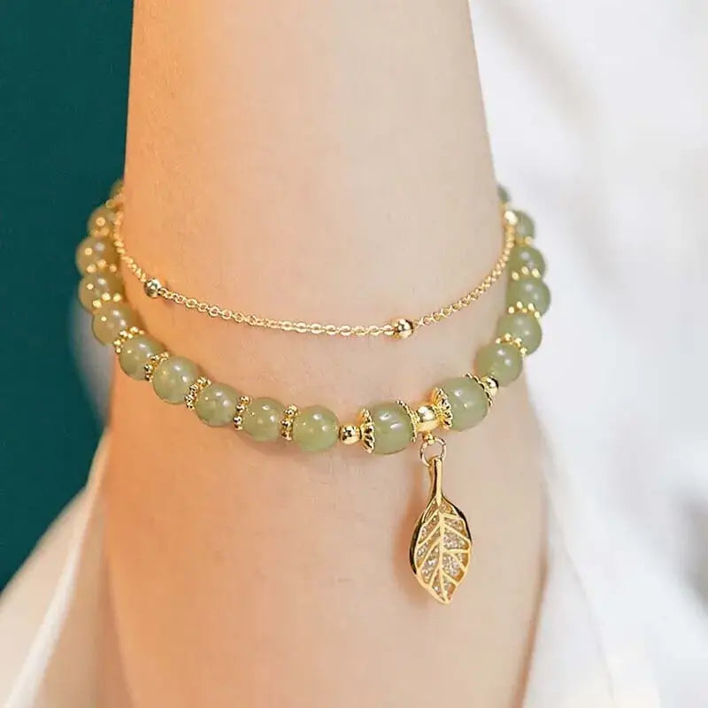 Green Hetian Jade Bracelet For Women Vintage Gold Color Leaves