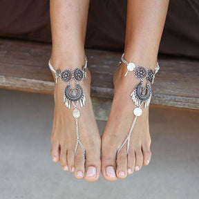 Bohemian Jewelry Antique Silver Color Hollow Flower Chain Anklets Beach Barefoot Sandals Foot Jewelry - StylishShop