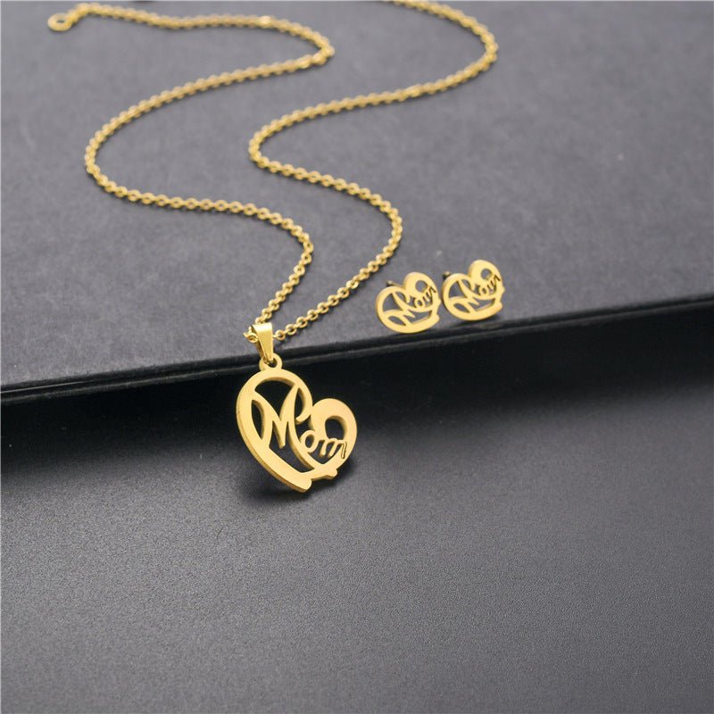 Fashion Jewelry Stainless Steel Heart - shaped Mom Necklace And Earring Suit - StylishShop