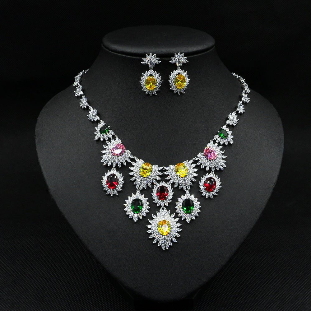 Jewelry Colorful Zircon Earrings Necklace Set Bridal Wedding Jewelry Accessories - StylishShop