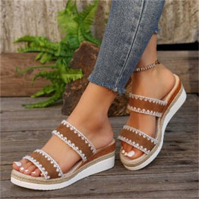 New Hemp Rope Woven Wedge Slippers Summer Ethnic Style Sandals Double Wide Strappy Shoes For Women - StylishShop