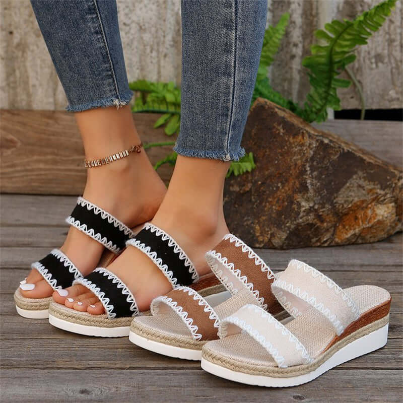 New Hemp Rope Woven Wedge Slippers Summer Ethnic Style Sandals Double Wide Strappy Shoes For Women - StylishShop