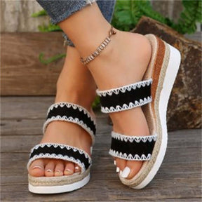 New Hemp Rope Woven Wedge Slippers Summer Ethnic Style Sandals Double Wide Strappy Shoes For Women - StylishShop