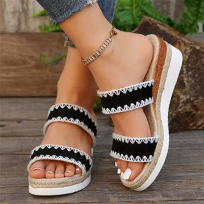 New Hemp Rope Woven Wedge Slippers Summer Ethnic Style Sandals Double Wide Strappy Shoes For Women - StylishShop