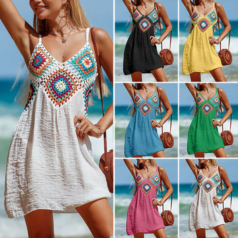 Summer Sleeveless Dress Bohemia Stitching Colorful Pattern V - neck Hollow Beach Dress - StylishShop