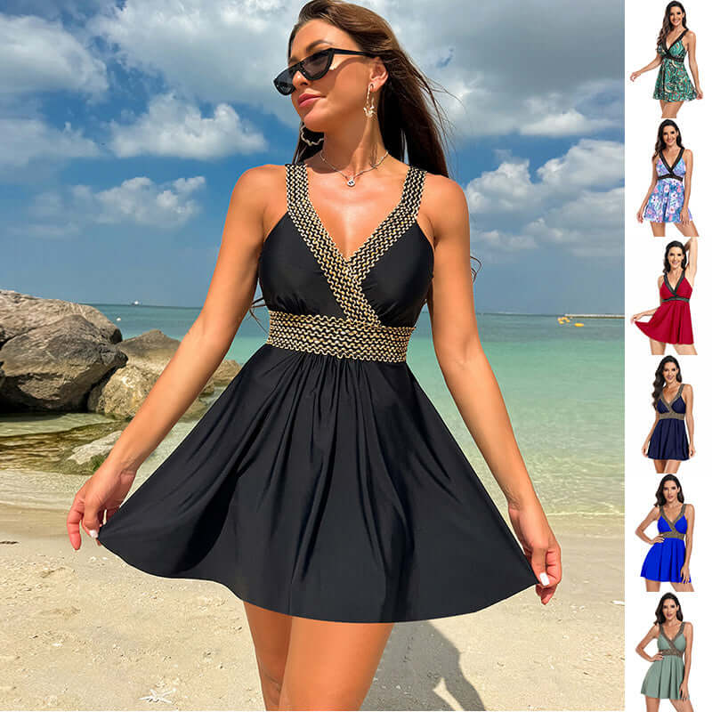 V - neck Printed Swimsuit Dress Summer Beach Vacation Bikini Fashion Womens Clothing - StylishShop